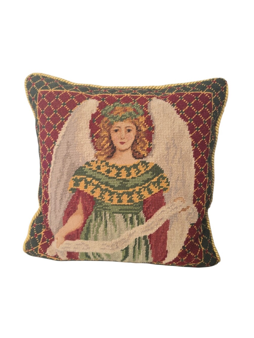 Vtg. Angel Needle Point Pillow Square Velvet Back 14"×14" Removable Cover